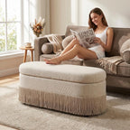 39.4“ Boho Storage Ottoman Bench with Tassels,Upholstered End of Bed Bench | Linen Oval Ottoman with Storage, Entryway Foot Rest for Bedroom, Lift-Top Lid with Safety Hinge, Living Room, Beige