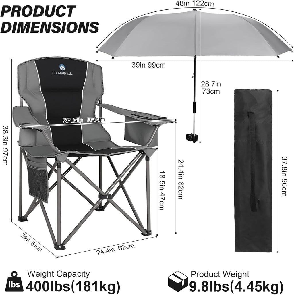 2 Pack Oversized Camping Chairs with Adjustable Umbrella-Folding Padded Lawn Chair with Backrest & Comfy Armrest-Heavy Duty for Beach Patio Picnic,Black