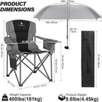 2 Pack Oversized Camping Chairs with Adjustable Umbrella-Folding Padded Lawn Chair with Backrest & Comfy Armrest-Heavy Duty for Beach Patio Picnic,Black