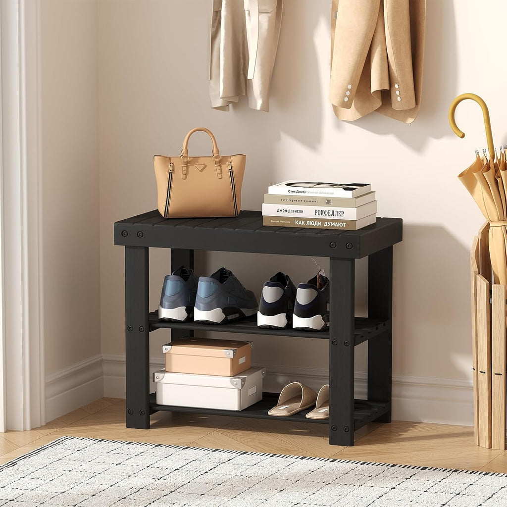 Sweetcrispy Shoe Rack Bench, 3-Tier Bamboo Entryway Storage Organizer, 286lb Capacity, Shoes Stand for FrontDoor Entrance, Bedroom, Living Room, Bathroom, Balcony, 19 Inches Length, Black