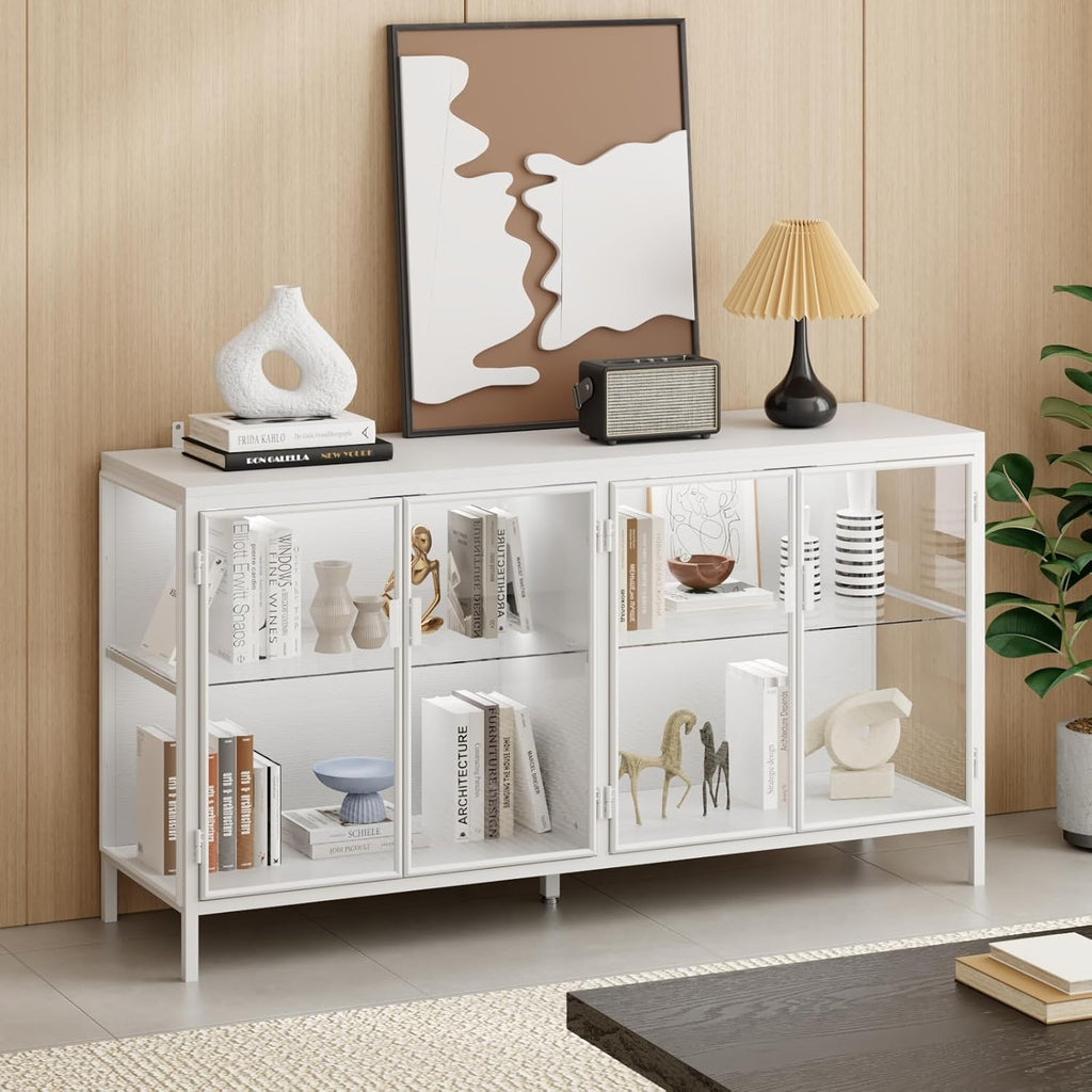 FUFU&GAGA Sideboard Buffet with LED Lights, Glass Doors, Modern Display Cabinet with Glass Shelves, White Cupboard Credenza with Metal Leg, for Living Room Kitchen, 55.1”W x 15.7”D x 29.5”H