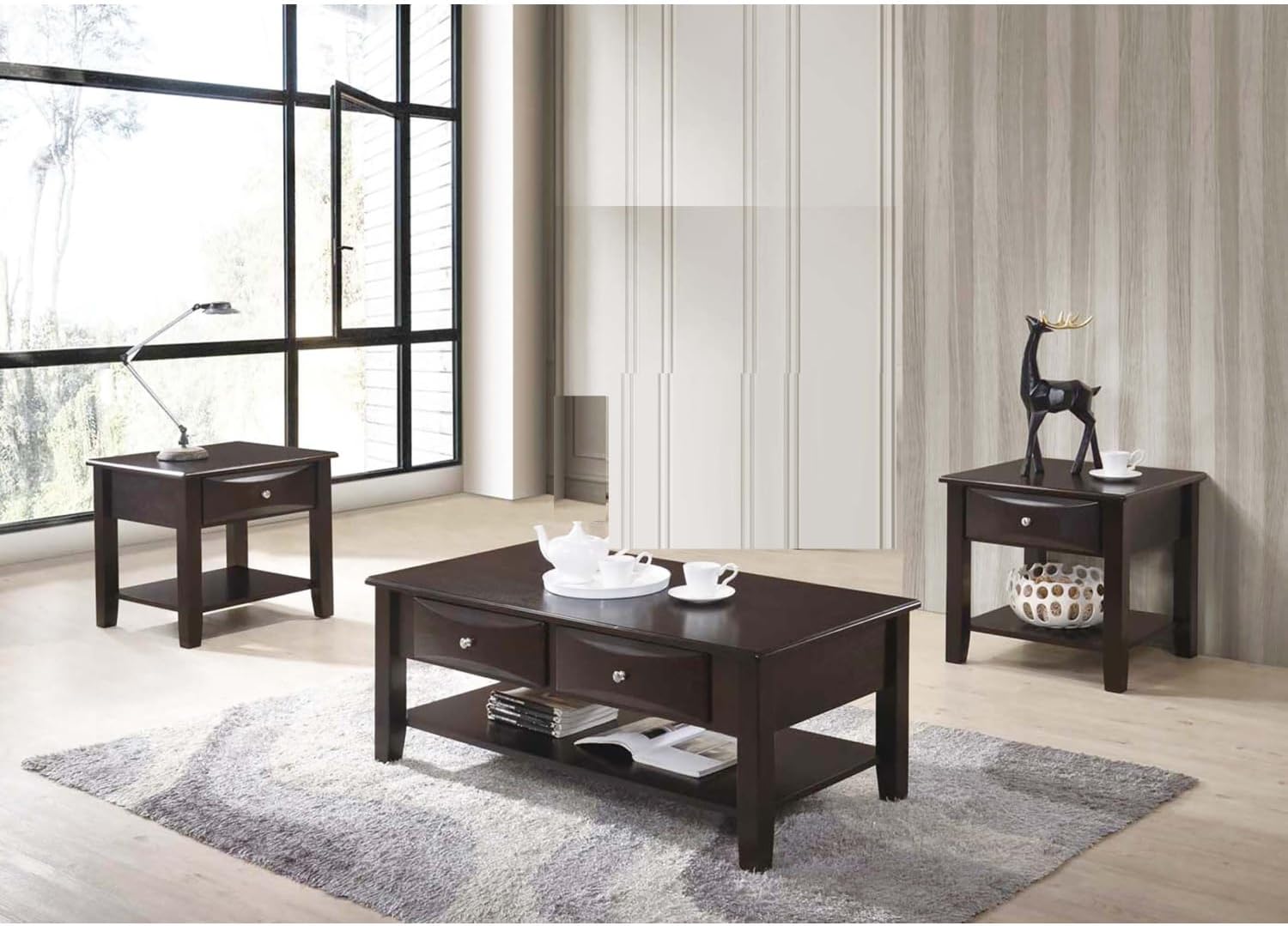 Finish 3pc Occasional Table Set Living Room 1x Coffee Table 2X End Tables Wooden Classic Drawers Open Storage Shelf Base