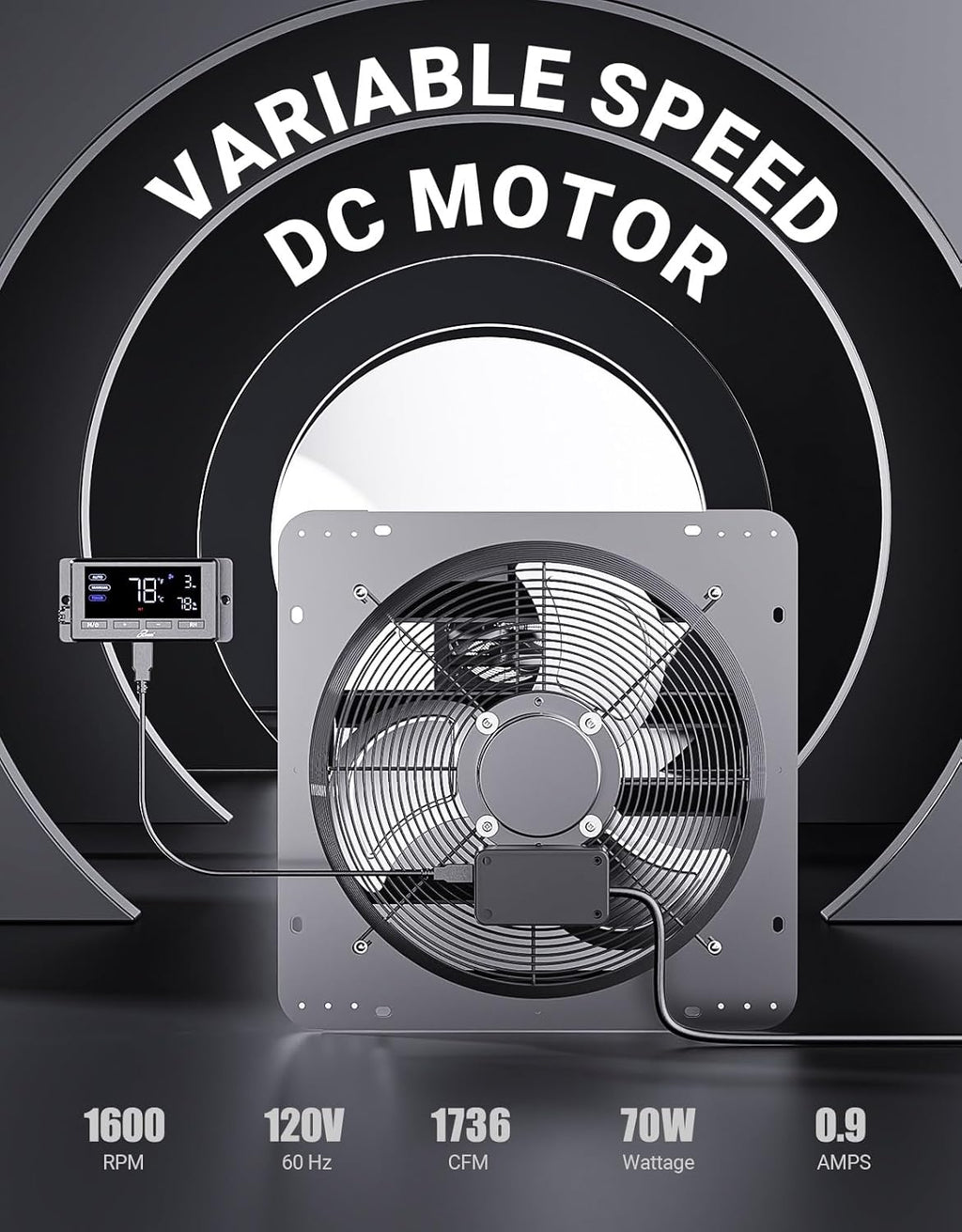 iLiving 16" Wall Mounted Shutter Exhaust Fan, Automatic Shutter, Temperature and Humidity Controls with Variable Speed, 1736 CFM at 1600 RPM DC Motor