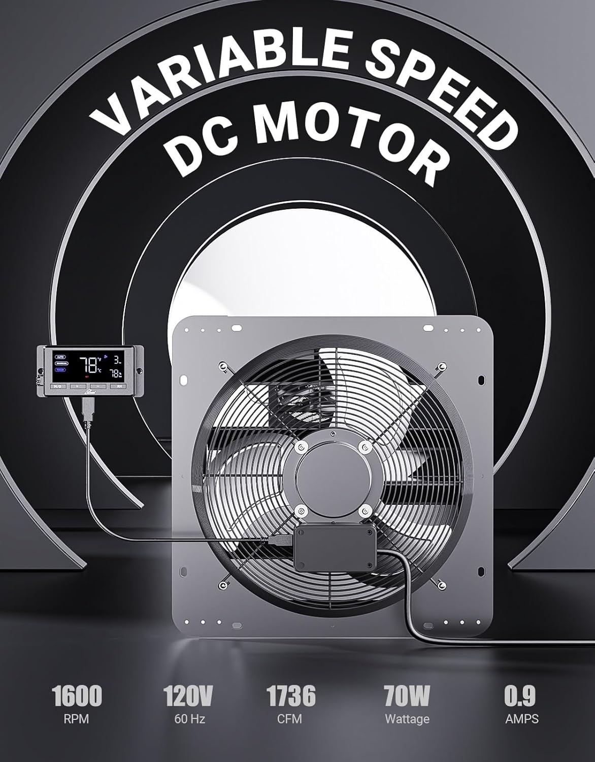 iLiving 16" Wall Mounted Shutter Exhaust Fan, Automatic Shutter, Temperature and Humidity Controls with Variable Speed, 1736 CFM at 1600 RPM DC Motor
