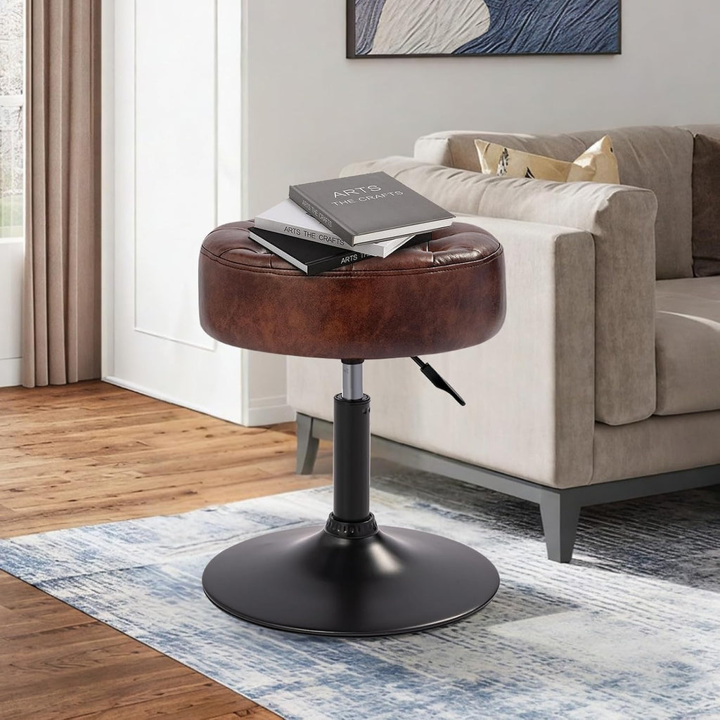 Velvet Tufted Makeup Chair, 360° Swivel Adjustable Vanity Chair Ottoman Stool Vanity Stool for Bedroom Modern Accent Chairs Big Size Stools for Living Room Bathroom, PU, Darkbrown