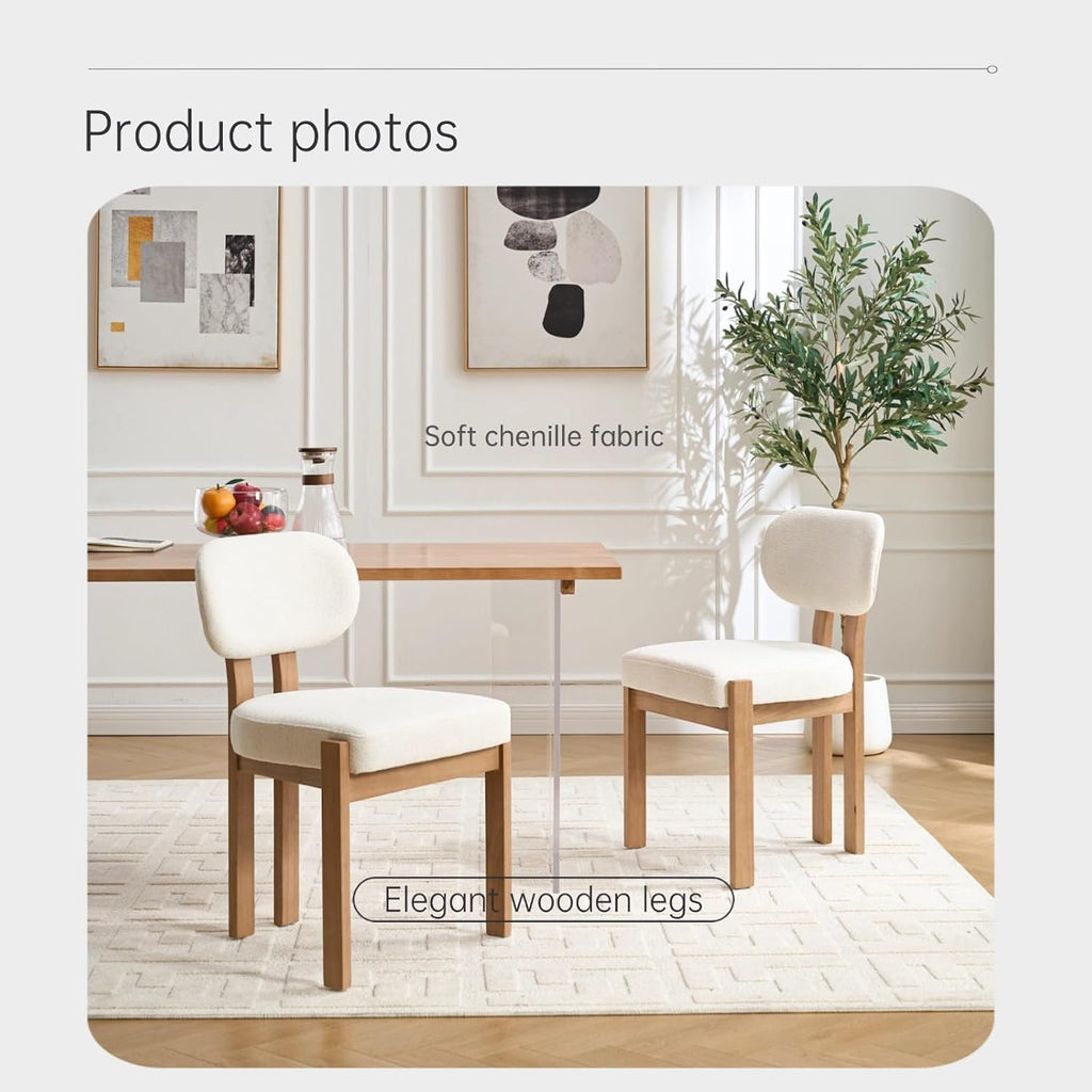 Boucle Dining Chairs Set of 2, Modern Upholstered Kitchen Chairs with Solid Wood Legs, Mid Century Teddy Fabric Dining Room Chairs with Curved Backrest, Armless Side Chairs for Small Spaces, Beige
