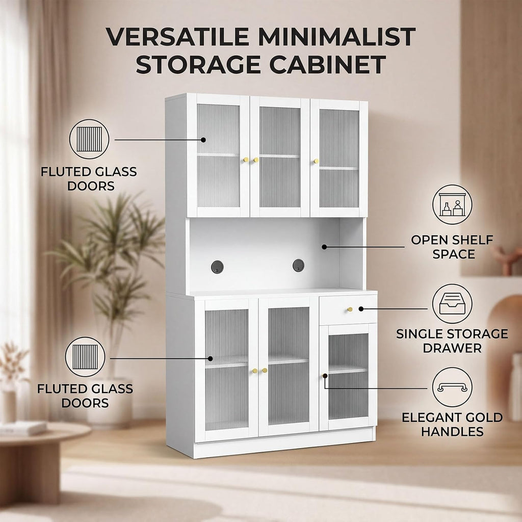 71" Kitchen Pantry Cabinet with Storage, Tall Kitchen Pantry Cabinet with Countertop Soft Close Glass Doors, Tall Kitchen Hutch Cabinet with Drawer & Adjustble Shelves for Kitchen White