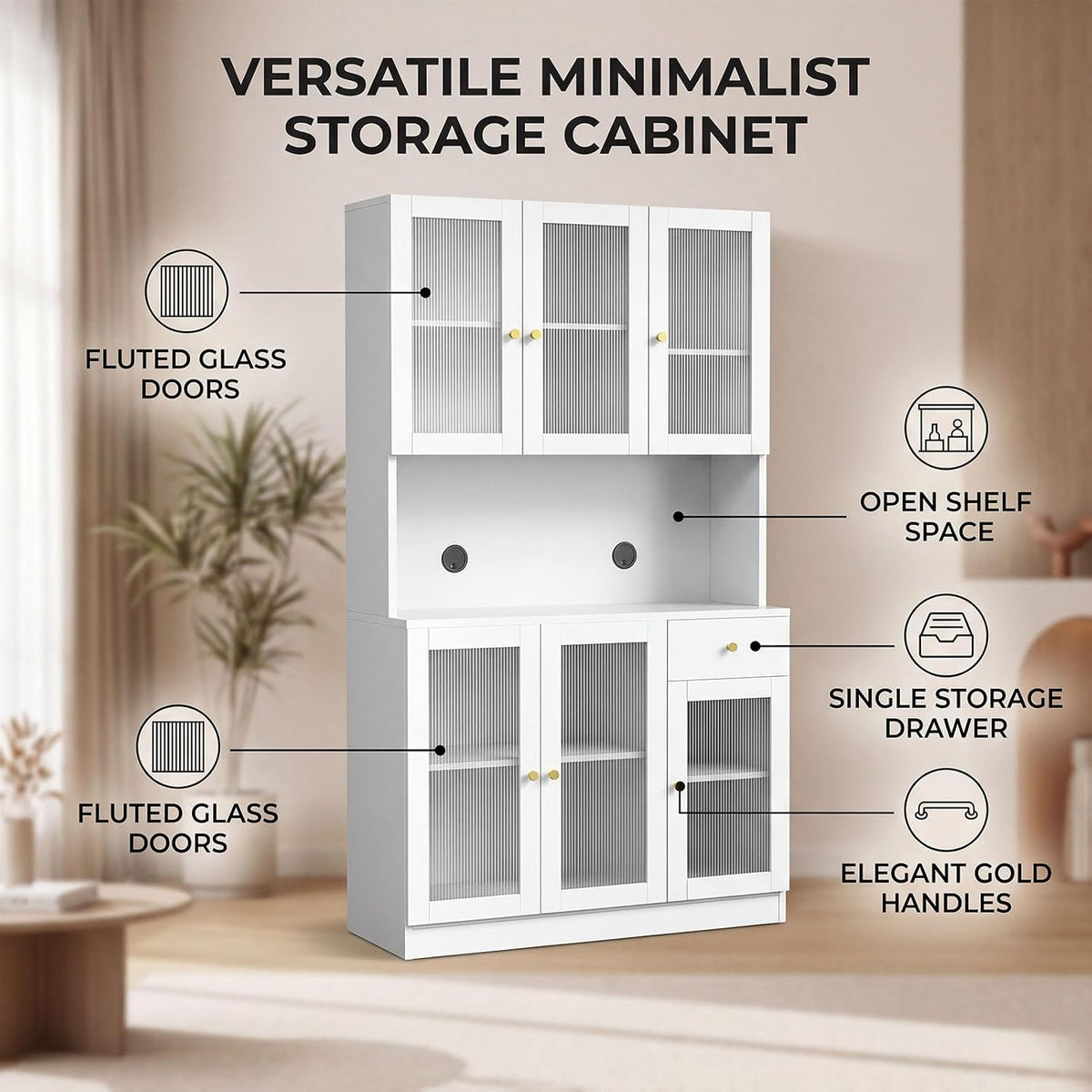 71" Kitchen Pantry Cabinet with Storage, Tall Kitchen Pantry Cabinet with Countertop Soft Close Glass Doors, Tall Kitchen Hutch Cabinet with Drawer & Adjustble Shelves for Kitchen White