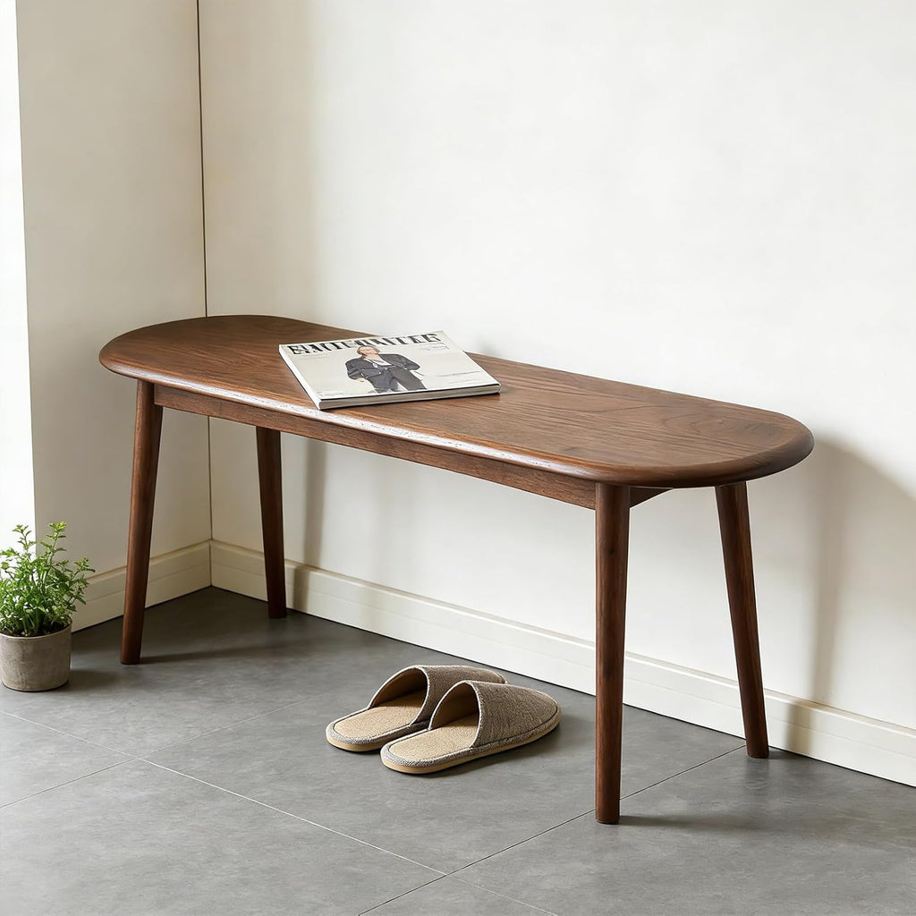 47" Solid Wood Skinny Bench | Walnut Finish Narrow Dining Bench | Mid-Century Modern Entryway Bench for Bed End, Living Room | Rounded Corners | Solid Oak Indoor Furniture
