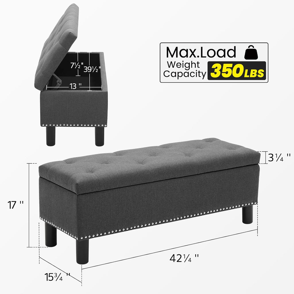 Furniliving 42" Ottoman with Storage, End of Bed Bench with Button-Tufted Large Upholstered Ottoman Entryway Bench Storage Bench for Bedroom, Living Room, Linen, Grey