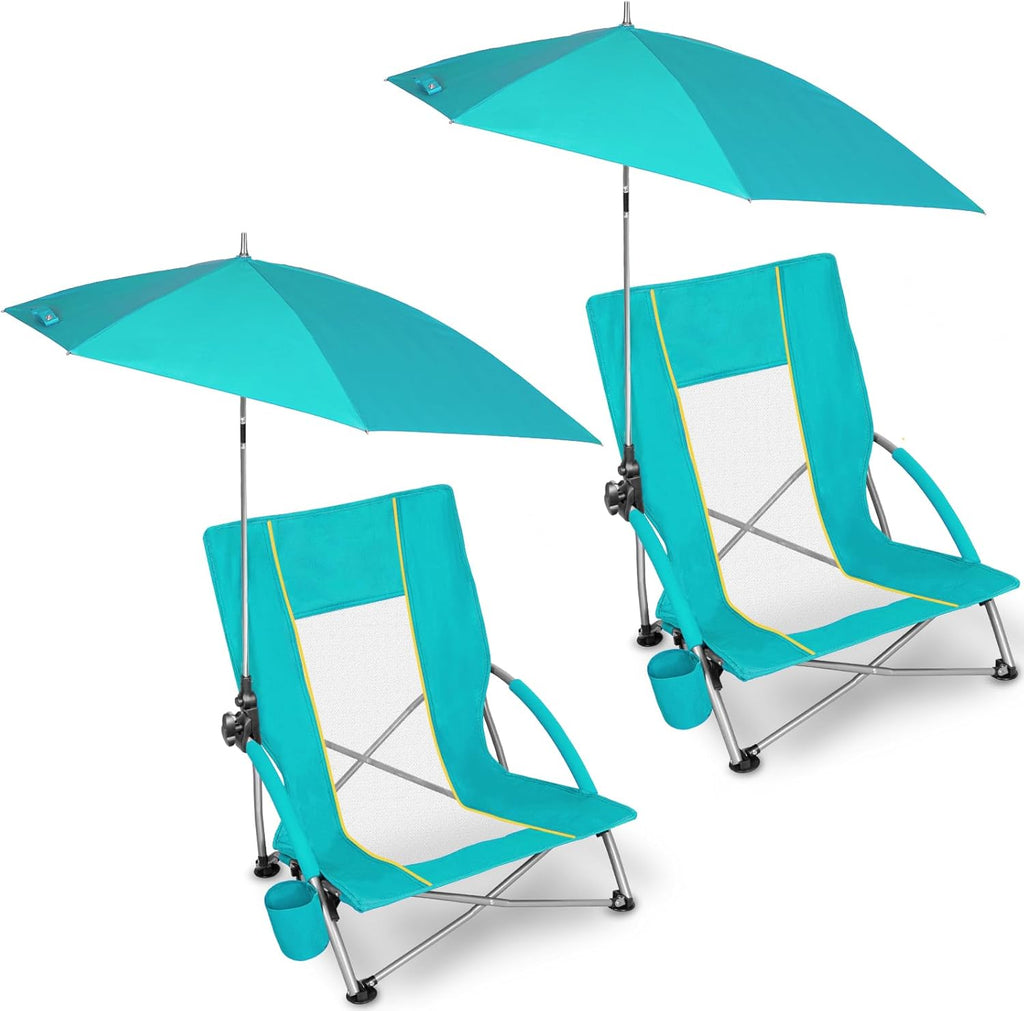 Romswi Beach Chair with Umbrella 2PK, Folding Low Beach Chairs for Adults with Adjustable Parasol, Cup Holder, Breathable Backrest, Comfortable Armrests, Lightweight for Beach & Camping, Green