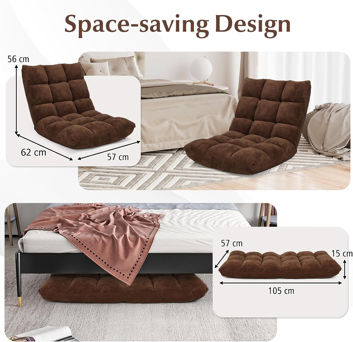 Multigot Folding Floor Chair, 14 Positions Adjustable Lazy Recliner with Back Support, Lazy Lounger Bed for Gaming Reading Resting (Brown)