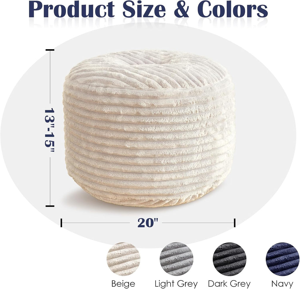 Round Ottoman,Corduroy Pouf Foot Rest,Beige,20x15 in | Corduroy Cover,Storage Ottoman Footstool for Living Room,20x15 Soft Floor Poufs,Memory Foam Filling,Footrest only