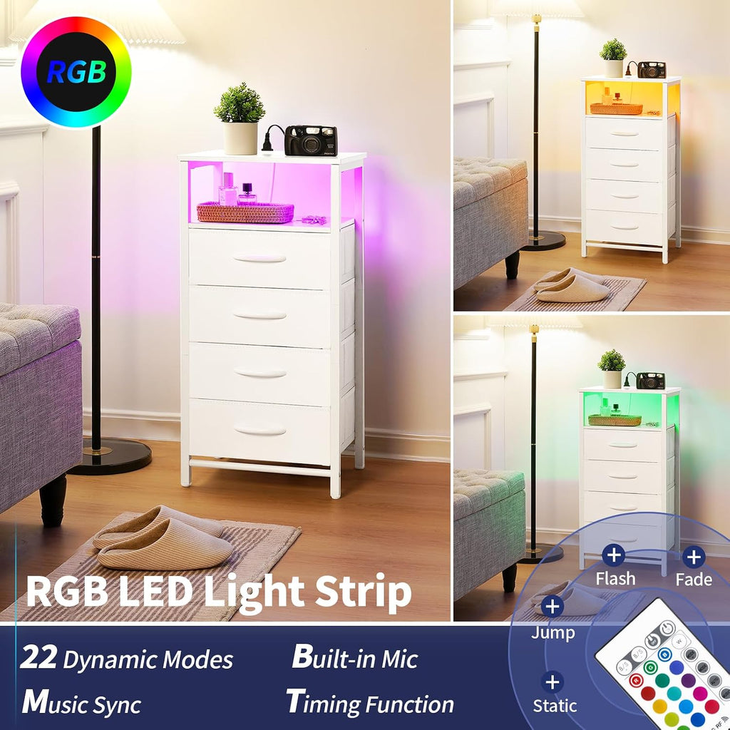 Yoobure Night Stand - LED White Nightstand with Charging Station, Bedside Table with 4 Storage Drawers and Storage Shelf, End Table with USB Ports and Outlets, Tall Nightstand for Bedroom