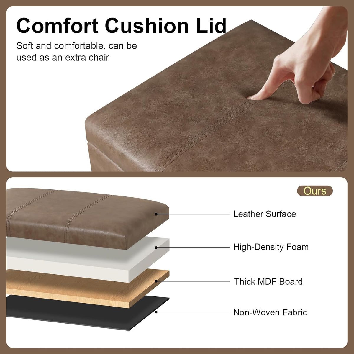 Asense 24-inch Rolling Storage Ottoman Bench, Upholstered Faux Leather Footrest with Wheels,Safety Hinge,Small Entryway Bench with Storage for Living Room, Bedroom,Brown