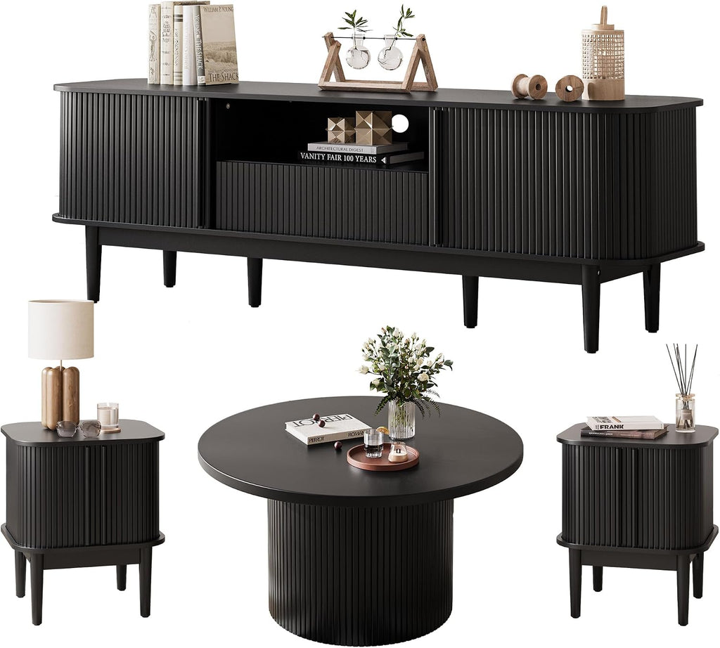 MAISONARIA Living Room Table Sets of 4, Sliding Doors End Table & TV Stand, Wood Coffee Table with Storage, Fluted TV Stand for Bedroom, Living Room (Black)