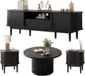 MAISONARIA Living Room Table Sets of 4, Sliding Doors End Table & TV Stand, Wood Coffee Table with Storage, Fluted TV Stand for Bedroom, Living Room (Black)