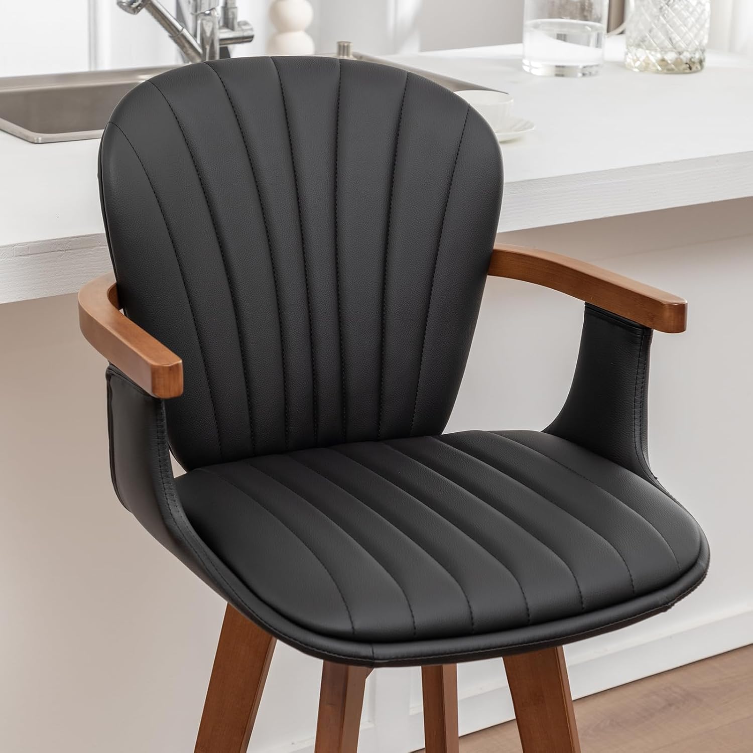 LUNLING 30” Bar Height Stools,Mid Century Modern Bar Stools,Black PU Leather Kitchen Island Stool,Wood High Barstools Swivel with Back and Arms for Home Bar Furniture,1PCS