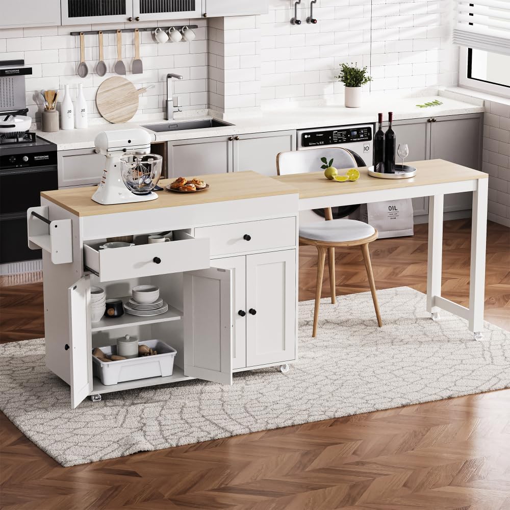 ZOEDO K&K 74.5 Inch Kitchen Island with Extendable Dining Table, Rolling Kitchen Island on Wheels with Spice Rack and 2 Drawers, 4 Door Cabinet, for Kitchen, Dining Room, White (One Package)