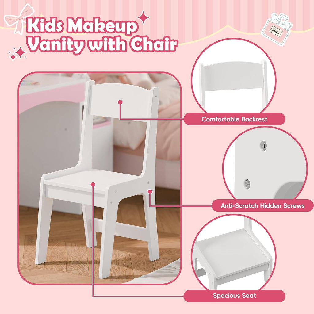 MU Kids Vanity with Lights, Girls Vanity Table and Chair Set with Lighted Mirror, Storage Cabinet, Bookshelf & Shelves, Toddler Makeup Vanity Set for Little Girls, White