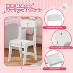 MU Kids Vanity with Lights, Girls Vanity Table and Chair Set with Lighted Mirror, Storage Cabinet, Bookshelf & Shelves, Toddler Makeup Vanity Set for Little Girls, White