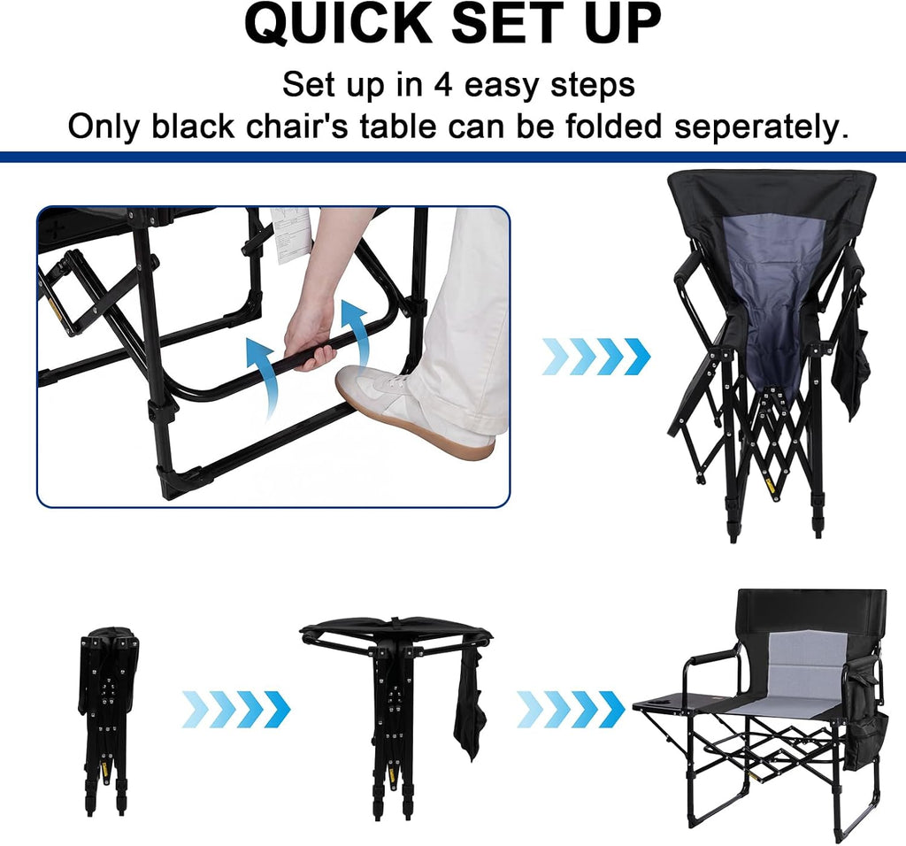 Romswi 2Pack Director Chairs for Outdoor, Folding Camping Chair, Compact Directors Chair Side Table and Side Bag, Heavy Duty Oversize Chair for Beach Fishing Picnic, Holds up to 400 lbs Black
