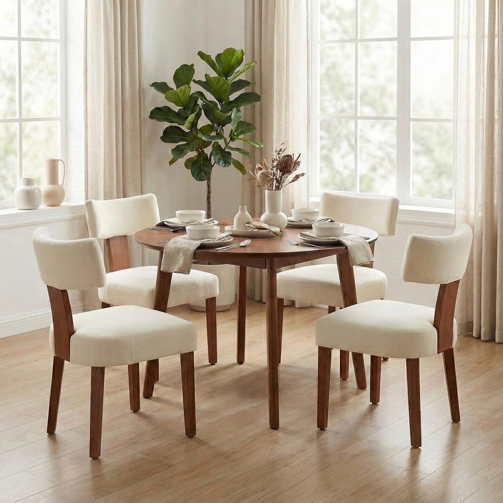 Mid-Century Modern Dining Chairs Set of 4, Upholstered Linen Fabric Kitchen Chairs with Curved Backrest, Farmhouse Dining Room Chairs with Solid Wood Legs, Easy Assembly, Beige