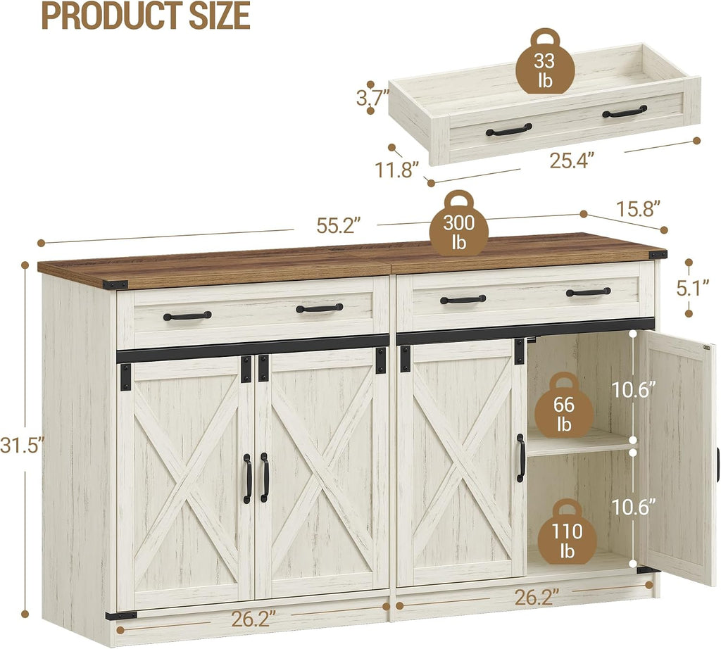Hzuaneri Kitchen Storage Cabinet, Buffet Cabinet with Storage, Modern Farmhouse Sideboard Cabinets with Drawer, 55.1" Coffee Bar Cabinets with Doors & Adjustable Shelves, for Kitchen, White Brown