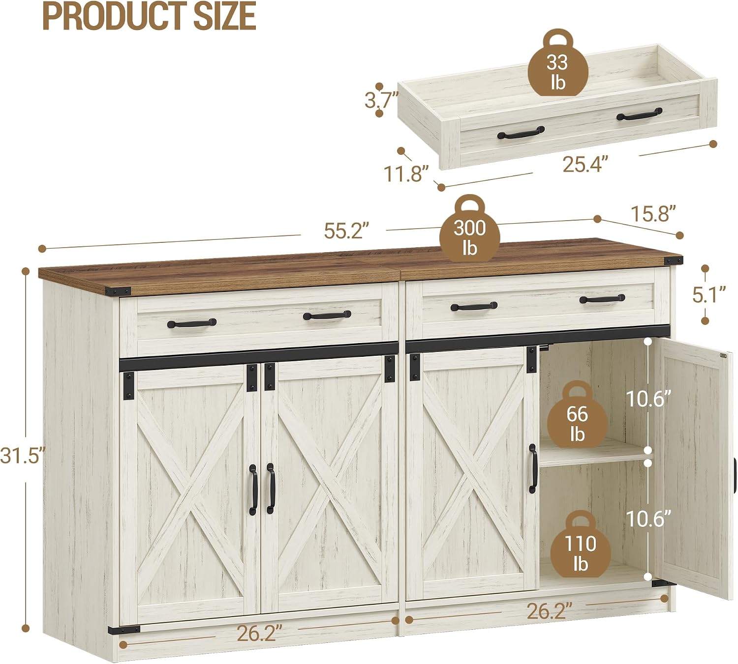 Hzuaneri Kitchen Storage Cabinet, Buffet Cabinet with Storage, Modern Farmhouse Sideboard Cabinets with Drawer, 55.1" Coffee Bar Cabinets with Doors & Adjustable Shelves, for Kitchen, White Brown