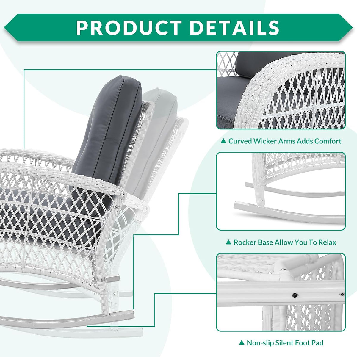 VIVIJASON Outdoor Wicker Rocking Chair, Patio Rattan Rocker Chair with Cushions & Steel Frame, All-Weather Rocking Lawn Rattan Furniture for Garden Backyard Porch (White Wicker/Grey)