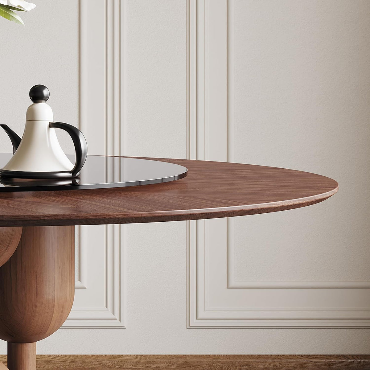 Montary 59-inch Natural Oak Wabi-Sabi Round Dining Table with 35-inch Tempered Glass Lazy Susan, Handcrafted Japanese Style Sculptural Solid Wood Dining Table for Living Room & Restaurant