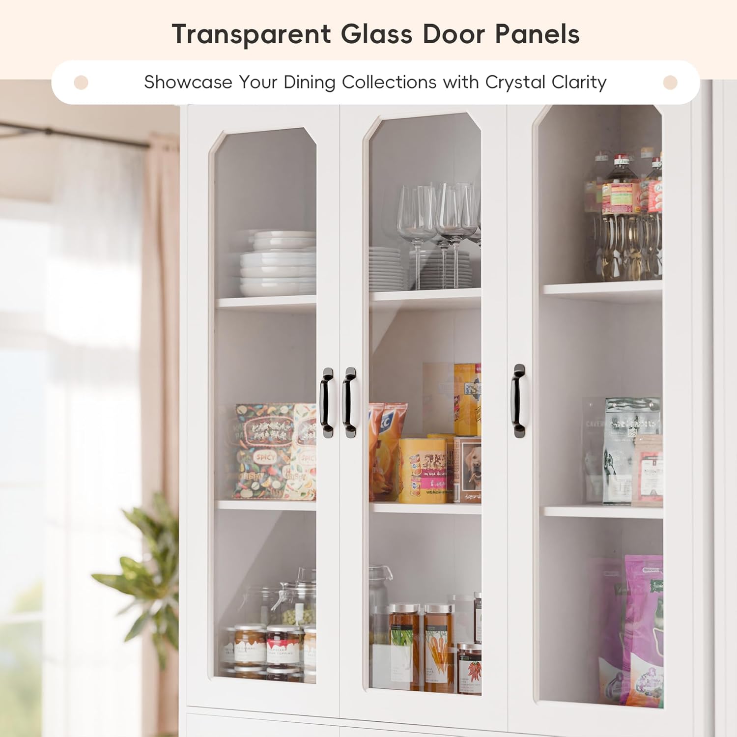 MU 78.7" Tall Kitchen Pantry with 3 Glass Doors, Freestanding China Cabinet with Adjustable Shelves, Large Kitchen Pantry Storage Cabinet Cupboard for Dining Room, Living Room, White (X-Large, 46" W)