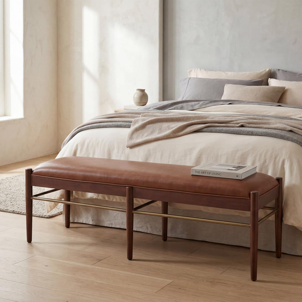 53" Faux Leather Entryway Bench with Cushion, Rustic Brown Dinner Bench for Dining Room, Upholstered End of Bed Bench Ottoman for Bedroom, Living Room with Walnut Base, Brown