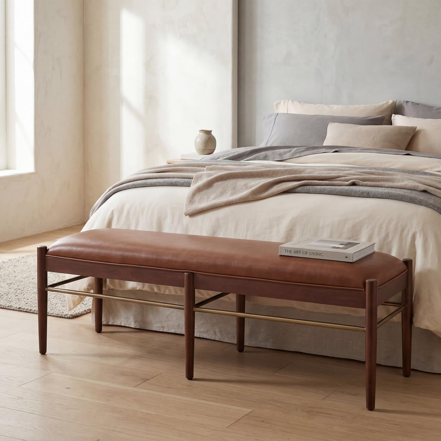 53" Faux Leather Entryway Bench with Cushion, Rustic Brown Dinner Bench for Dining Room, Upholstered End of Bed Bench Ottoman for Bedroom, Living Room with Walnut Base, Brown