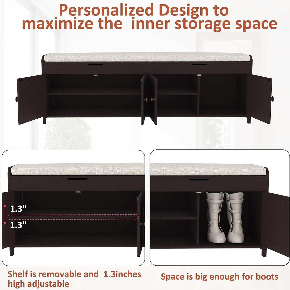 HOMEFORT 54.4" Shoe Bench with Lift Top Storage, Entryway Bench with Cushioned Seat, Wooden End of Bed Bench, Shoe Cabinet Bench with Hidden Storage Space, for Bedroom, Hallway,Espresso