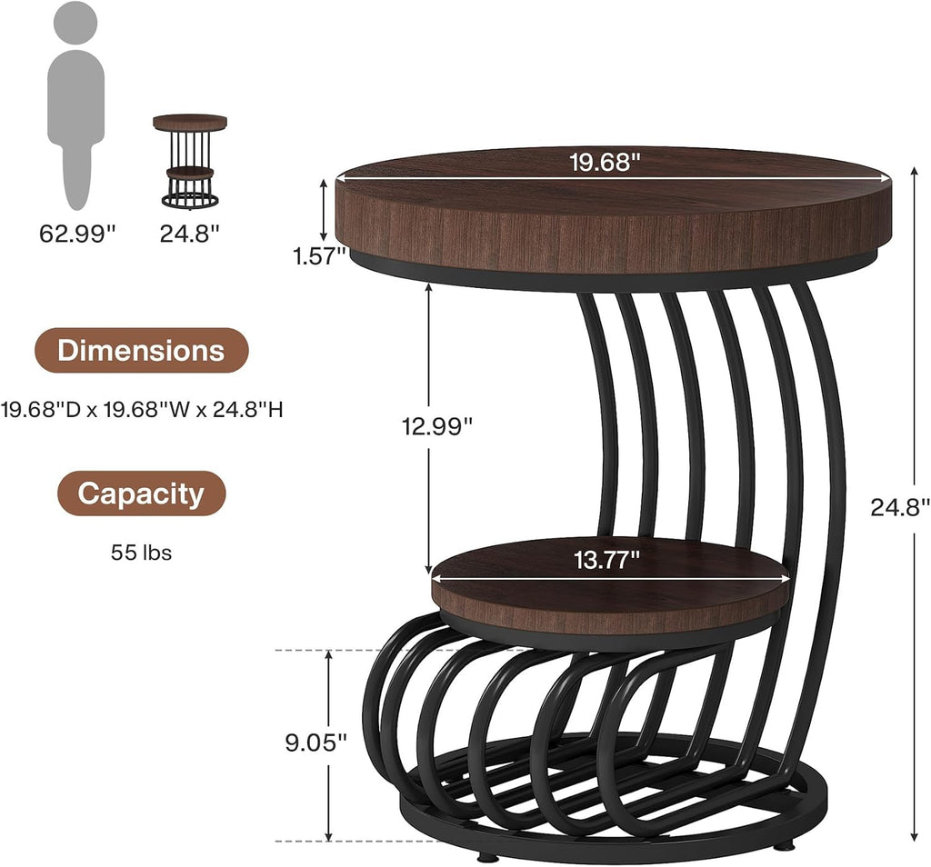Tribesigns Round End Table, 2-Tier Farmhose Wood Side Table with Shelf Storage, Small Sofa Side Bedside Nightstand, Arc-Shaped Frame Accent Furniture for Living Room, Rustic Brown
