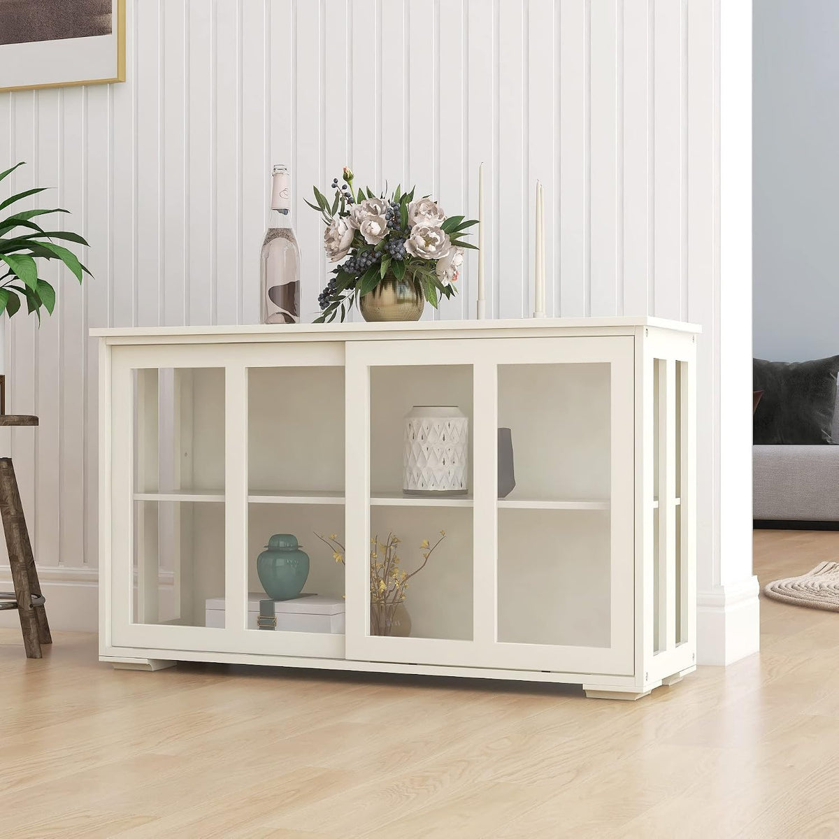 White Sideboard Buffet Cabinet with Sliding Glass Doors, Storage Credenza with Adjustable Shelves, Kitchen Pantry Cupboard Console Cabinet for Dining Room Living Room Entryway