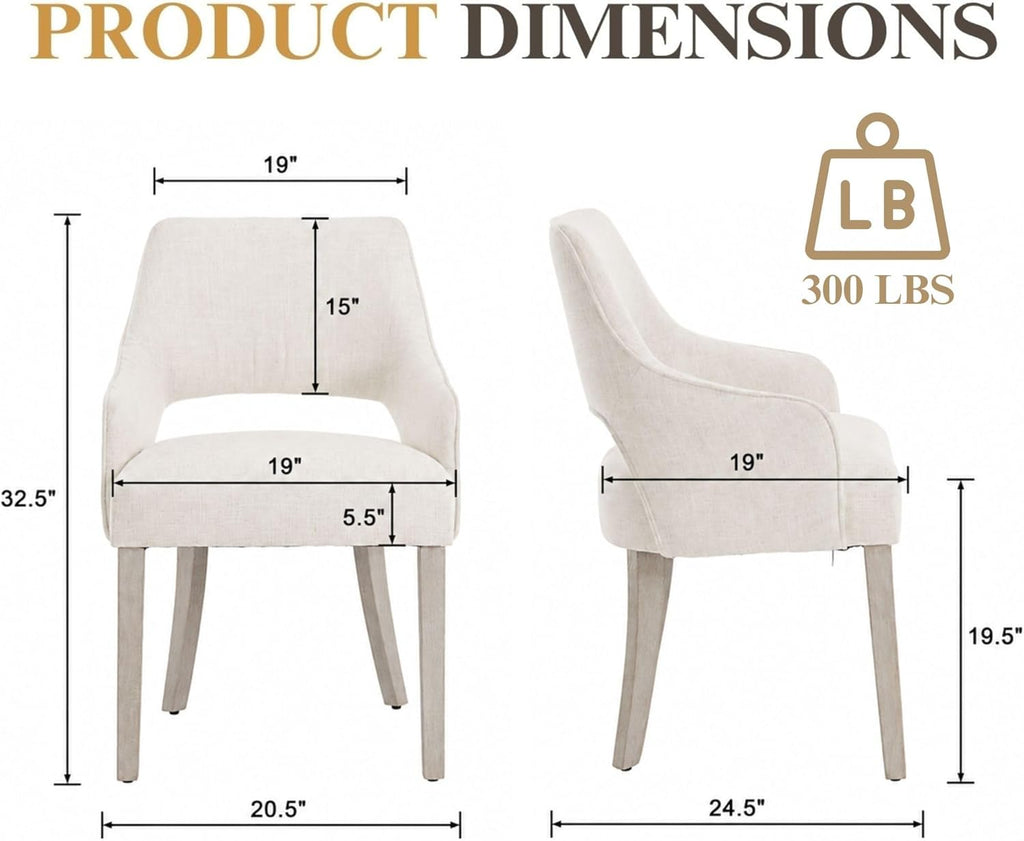 Dining Chairs Set of 2 Linen Upholstered Accent Kitchen Chair with Hollow Back/Padded Seat/Wood Legs for Dining Room Restaurant Home Decor, Beige