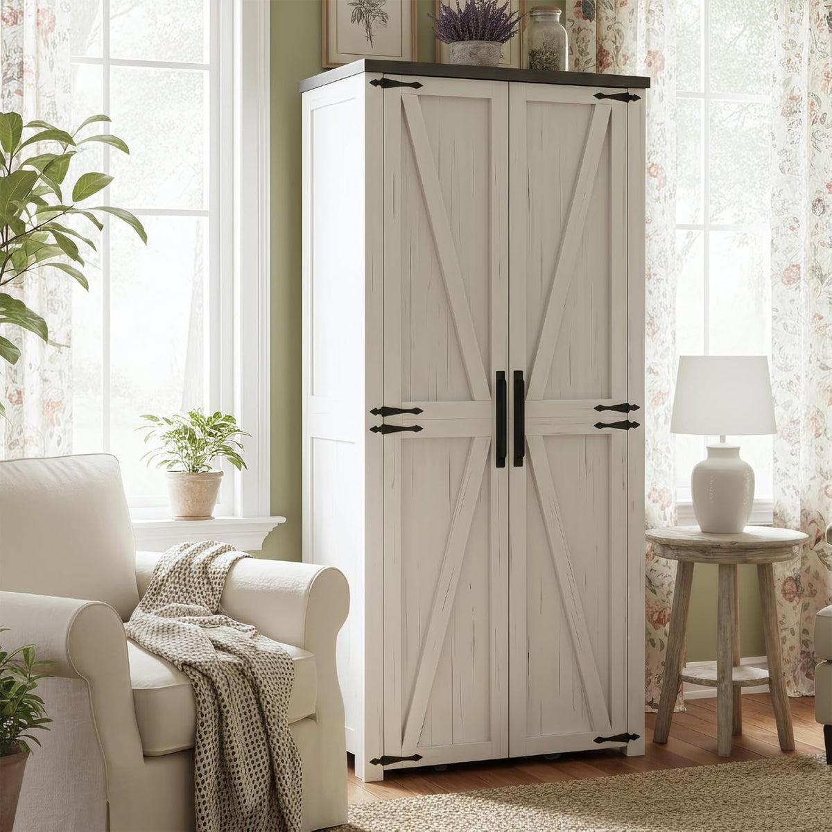 Food Pantry Storage Cabinet with Led Light, 71" Tall Farmhouse Kitchen Pantry Cabinet with Adjustable Shelves, Free Standing Craft Storage Cabinets for Craft Room, Dinning Room or Living Room, White