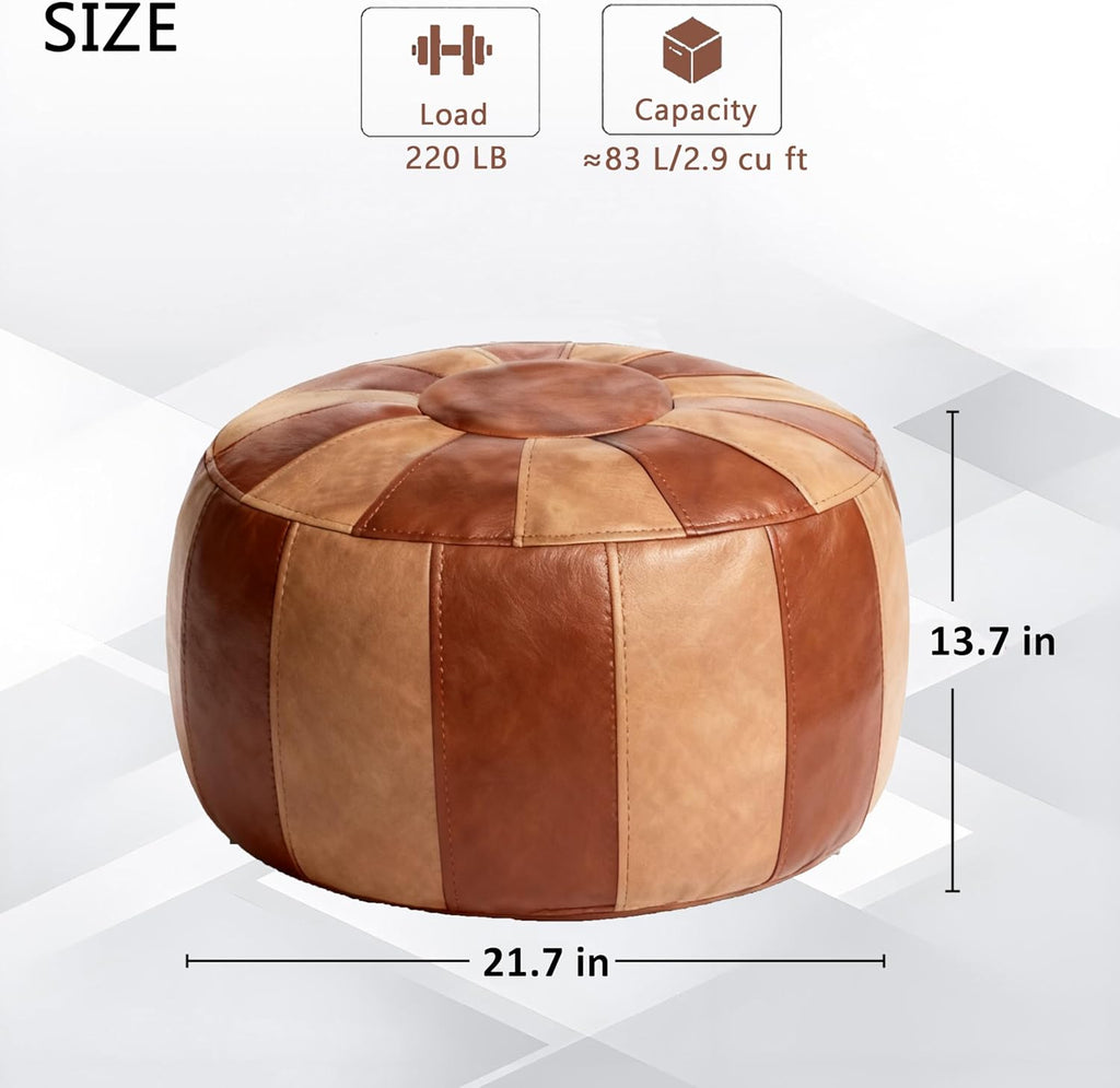 Thgonwid Unstuffed Moroccan Storage Pouf Foot Stool Ottoman Seat Handmade Faux Leather Bean Bag Floor Chair Foot Rest for Living Room, Bedroom or Balcony (Brown & Khaki)