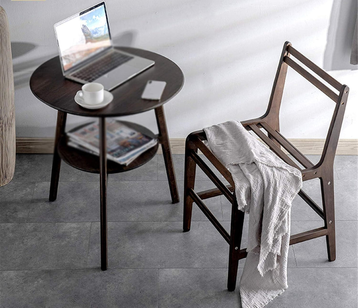 Round Snack Table, 2-Layer Telephone Table with Partition, Nightstand for Library Reading Room Balcony, 59 * 59 * 66CM(Size:59 * 59 * 66CM,Color:A)