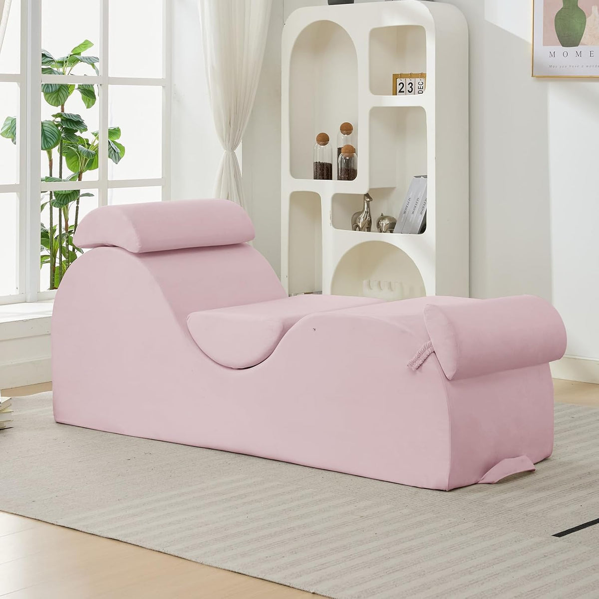 ijuicy 25 Inch Home Stretch Yoga Chair, Velvet Fitness Yoga Chaise Lounge Chair Indoor, Yoga Training Reliner with Adjustable Footrest & Headrest, Pink