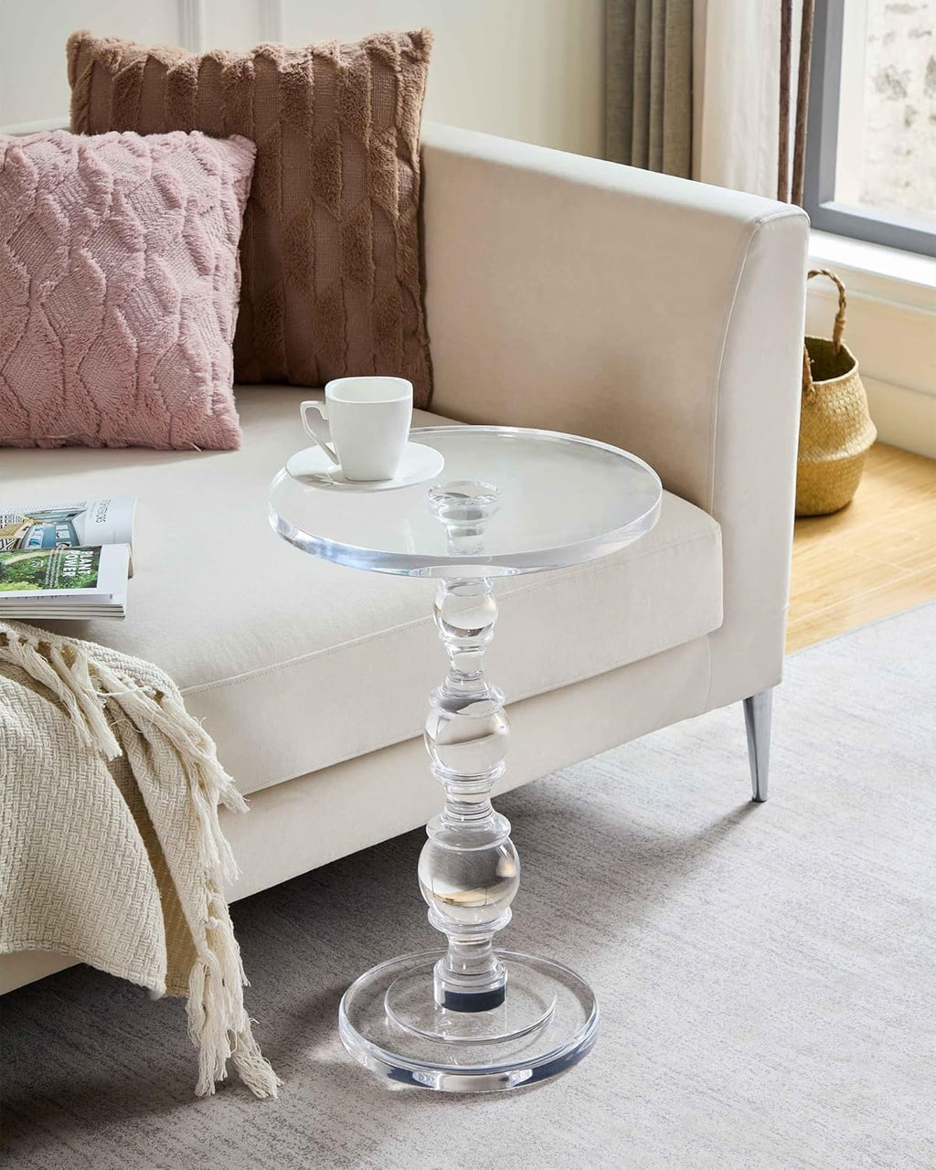Acrylic End Table Set of 2, 16" x16" x 23" Modern Pedestal Acrylic Side Table, Clear Round Martini Table for Living Room Bedroom Small Spaces