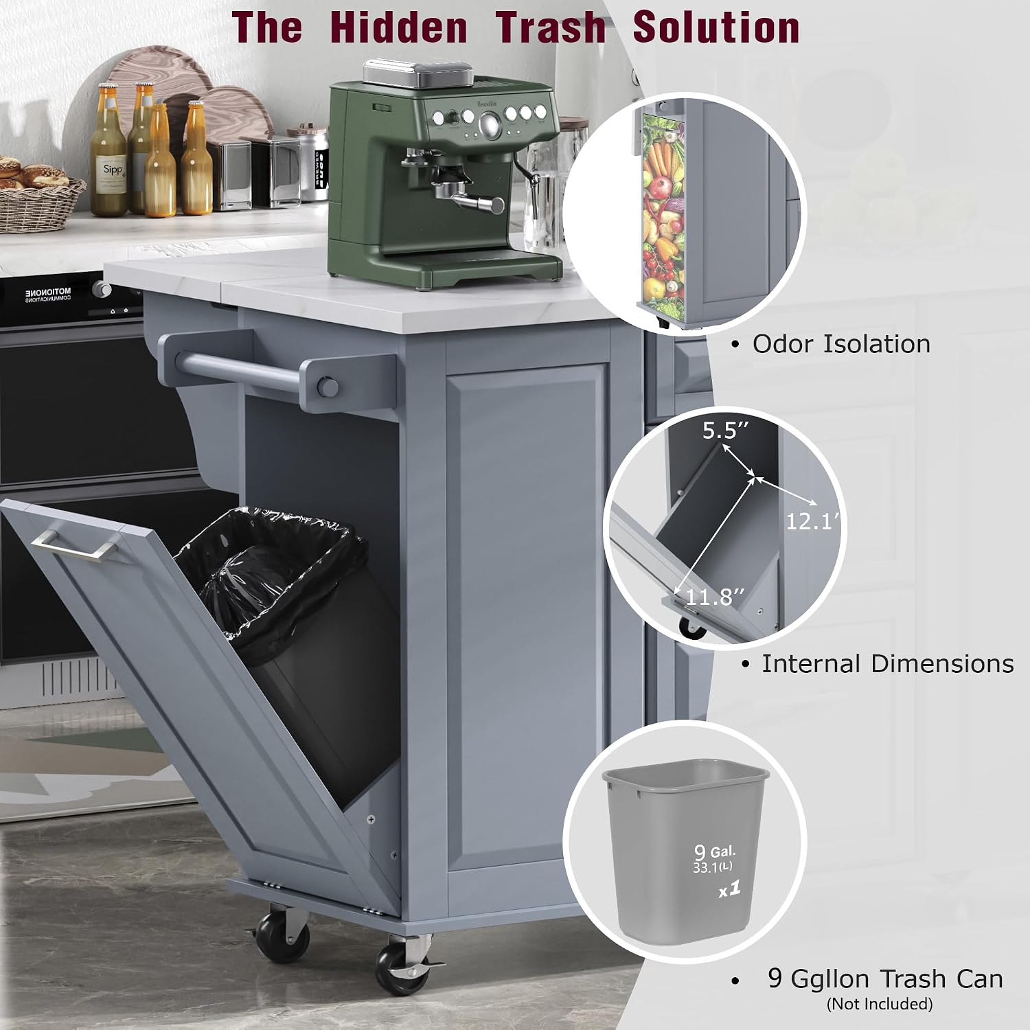 Rolling Kitchen Island Cart with Marble Countertop, Mobile Storage Kitchen Cabinet with Drawers & Cabinets for Small Kitchen Apartment