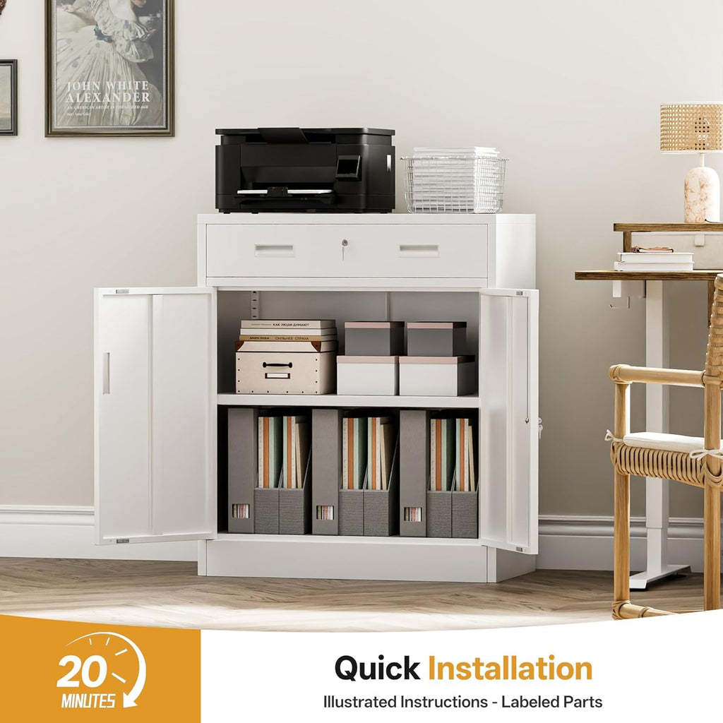 Metal Storage Cabinets with Drawer, 36" H Lockable Storage Cabinet with Doors and Adjustable Shelves, Small White Steel File Cabinet for Home, Office, Warehouse, School, Assembly Required