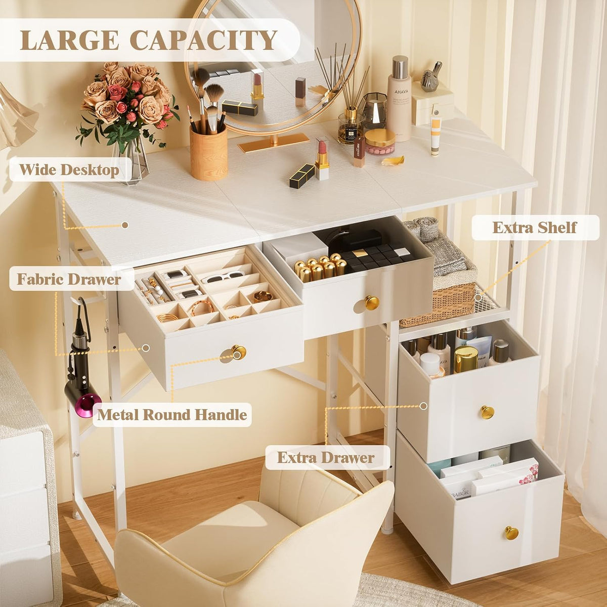 3IngSeagulls White Vanity Desk Without Mirror, Small Makeup Desk with 4 Fabric Drawers, 33.5 Inches Dressing Table with Storage, Vanity Table for Bedroom with Hook, White