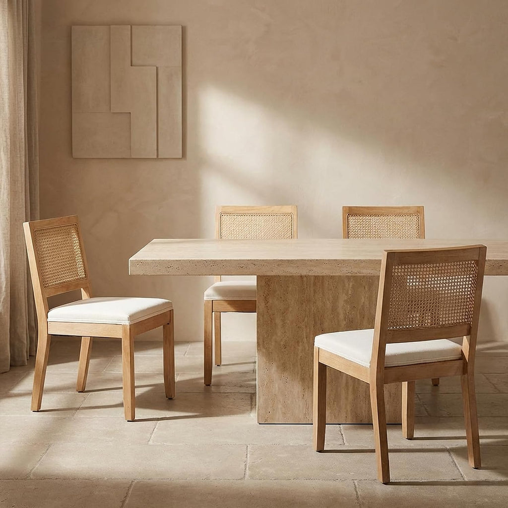 Vintage French Country Dining Chairs Set of 4, Rattan Dinning Chair with a Square Back, Beige Cane Dining Chair, Kitchen and Dining Room Chairs, Sillas para Comedor