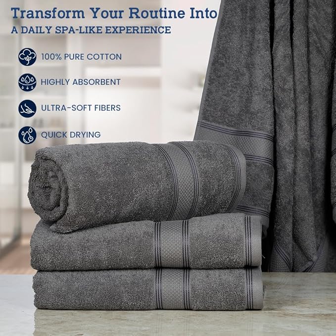 Casa Lino Charcoal Black Bath Towels Set of 4 (54" x 27") - Large Bathroom Towel Set - 100% Cotton Towels for Bathroom - Highly Absorbent & Quick Dry Bath Towel Multipack - New Apartment Essentials