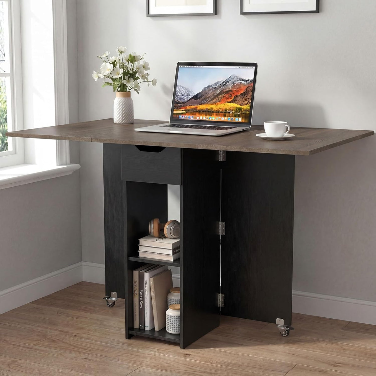GOFLAME Drop Leaf Dining Table for 2-4, Folding Kitchen Table with Open Shelves & Drawer, Lockable Wheels, Space Saving Extendable Table for Dining Room, Living Room, Small Space, Grey Oak & Black