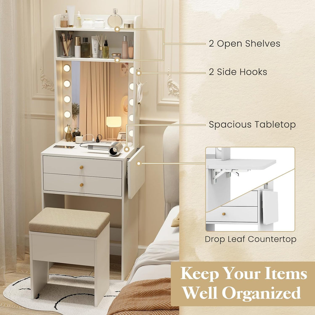 COSTWAY Vanity Desk with Mirror and Lights, Narrow Dressing Table with Foldable Countertop, Padded Stool, 2 Drawers for Apartment, Dorm, Bedroom, Makeup Vanity Set for Girl, Teen, Women (White)